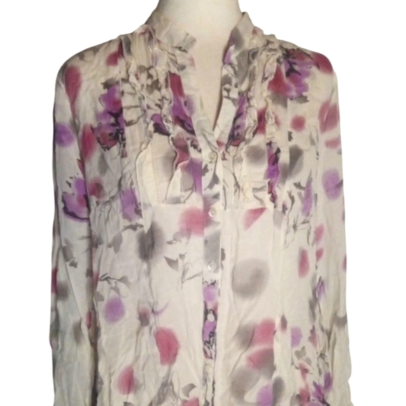 Dunnes Ruffle Neckline Abstract Floral Button Front Cotton Blouse Purple Size 14 - Picture 2 of 9